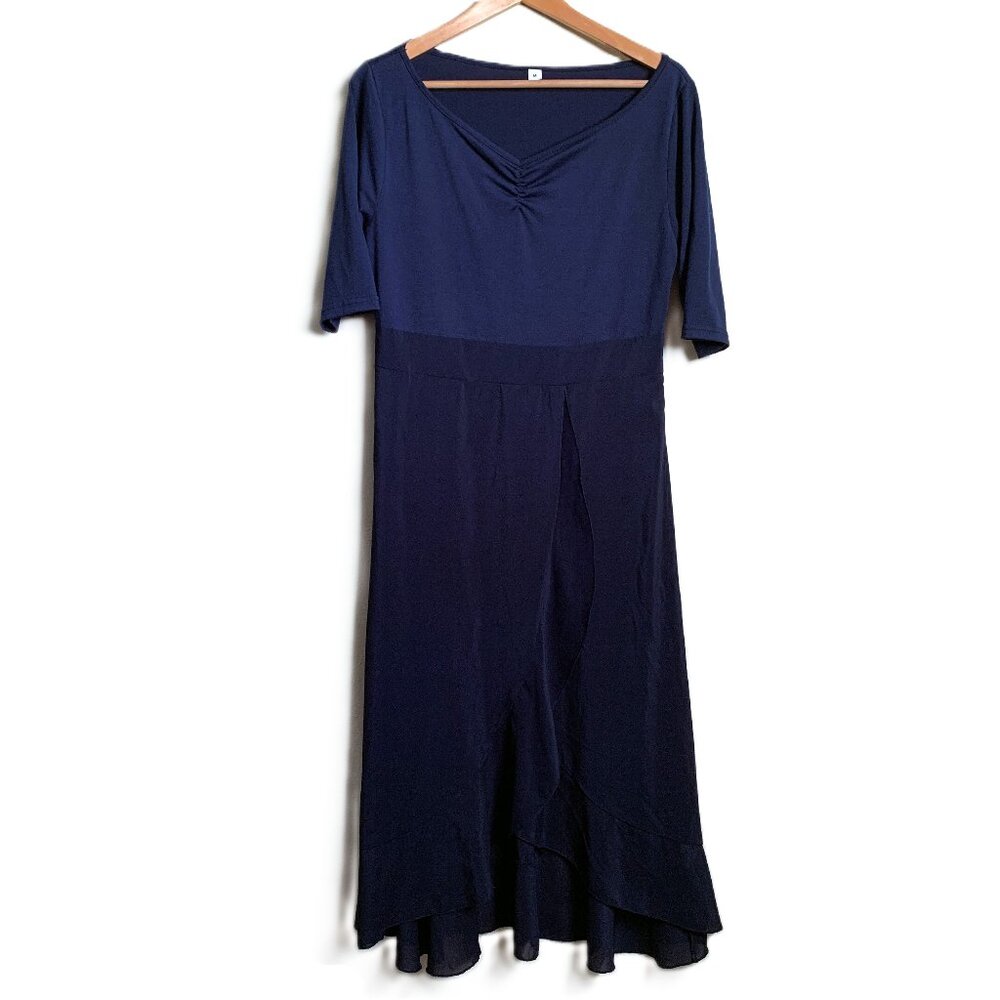 Navy Blue Midi Dress with Chiffon Skirt Size M